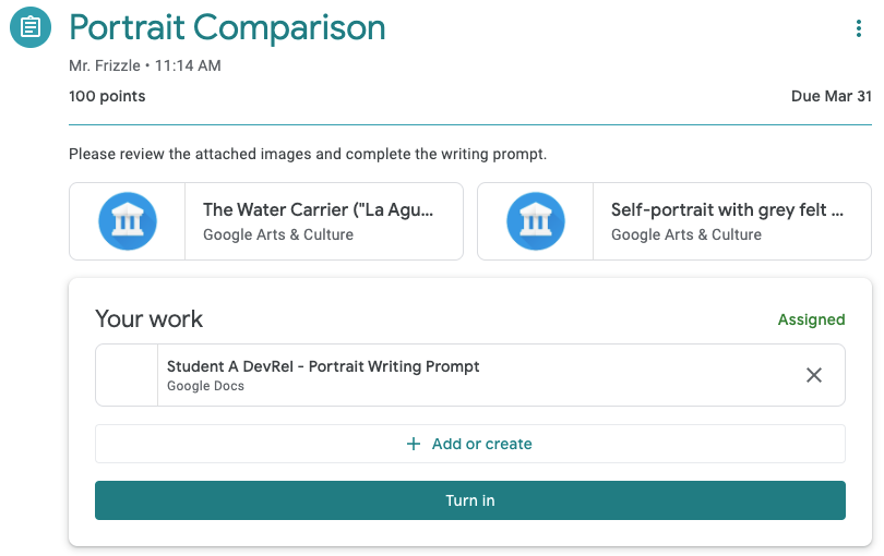 Turn-in button appears when a student opens an assignment