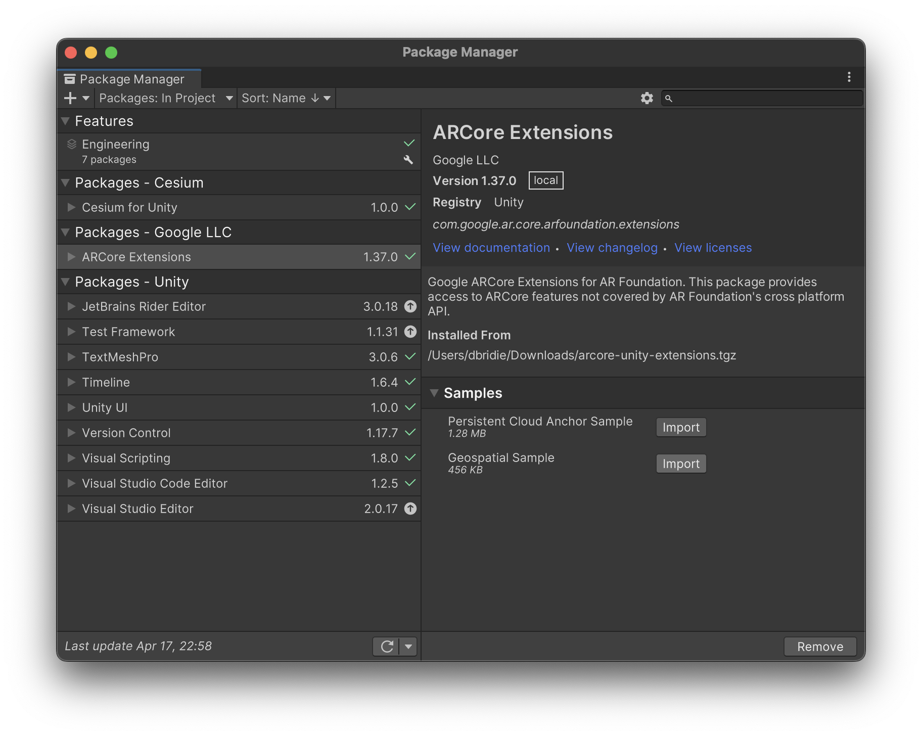 Okno menedżera pakietów