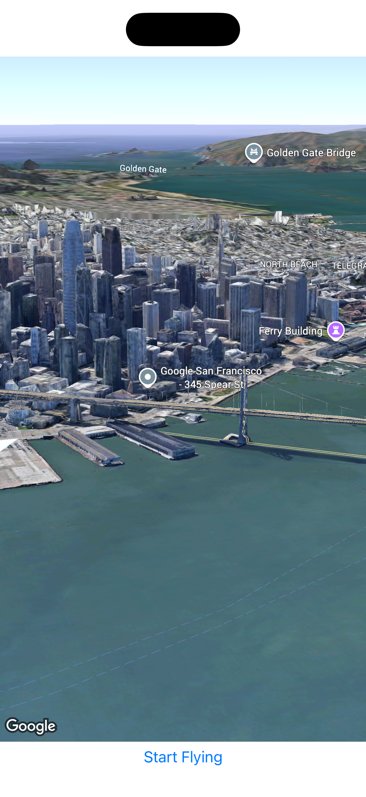 App showing a 3D map of San Francisco