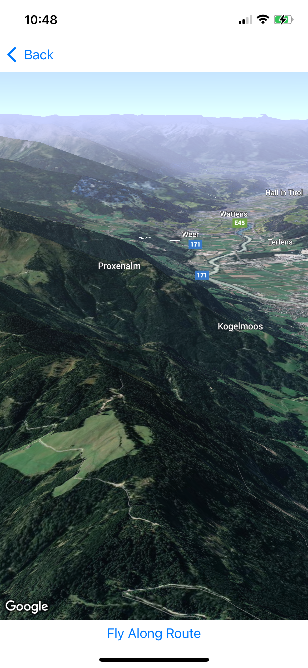 因斯布鲁克进近路线的 3D 地图视图