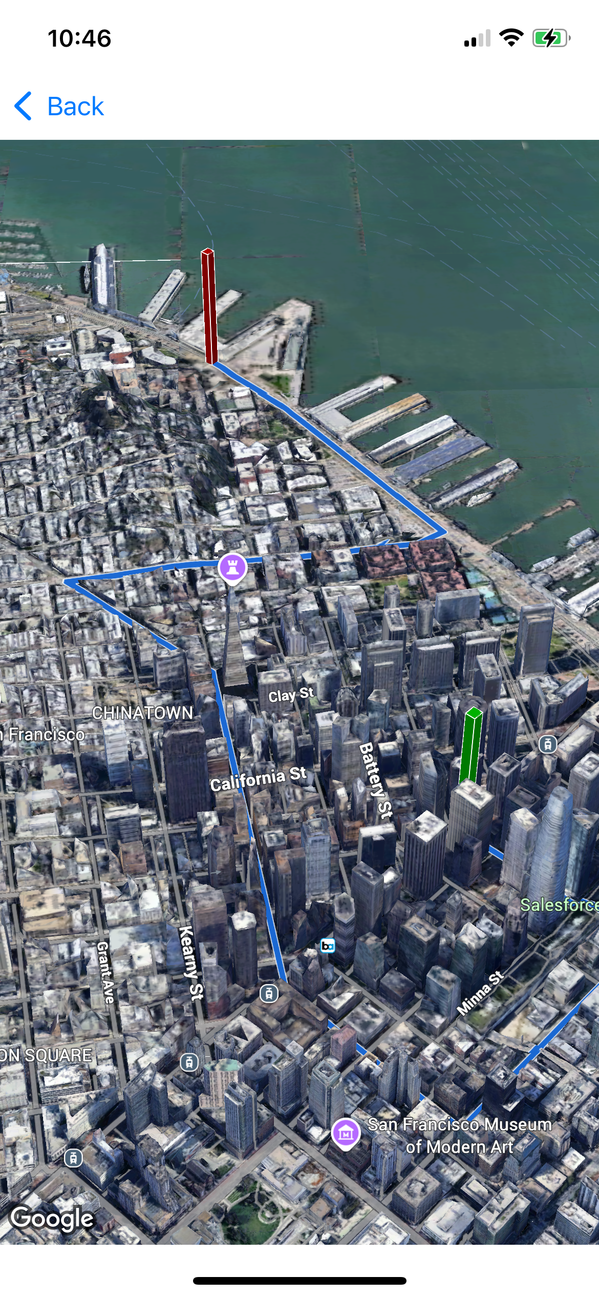旧金山的 3D 地图，显示了两个多边形和一条多段线
