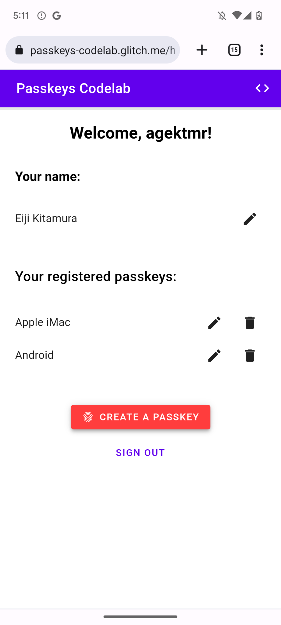 Passkey registrate elencate nella pagina /home.