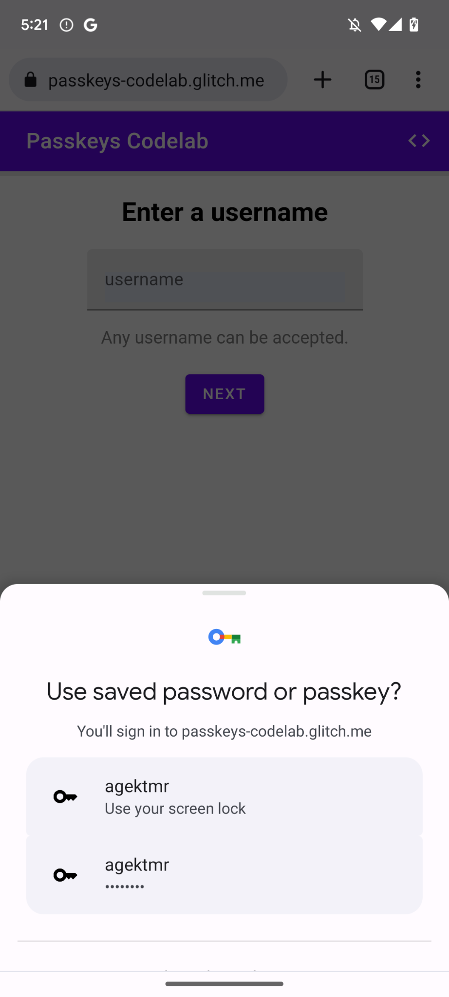 Một hộp thoại nhắc bạn xác minh danh tính bằng mật khẩu hoặc khoá truy cập đã lưu.