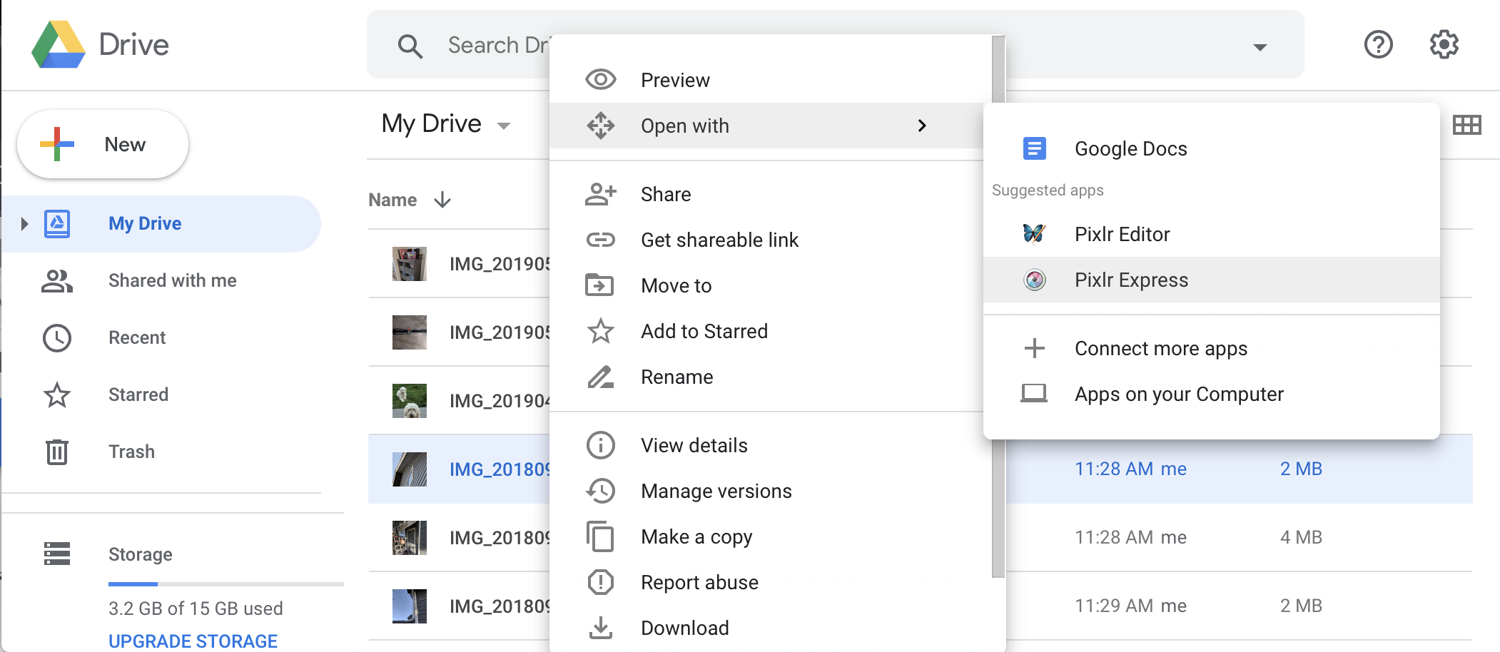 Item de menu aberto na interface do Google Drive