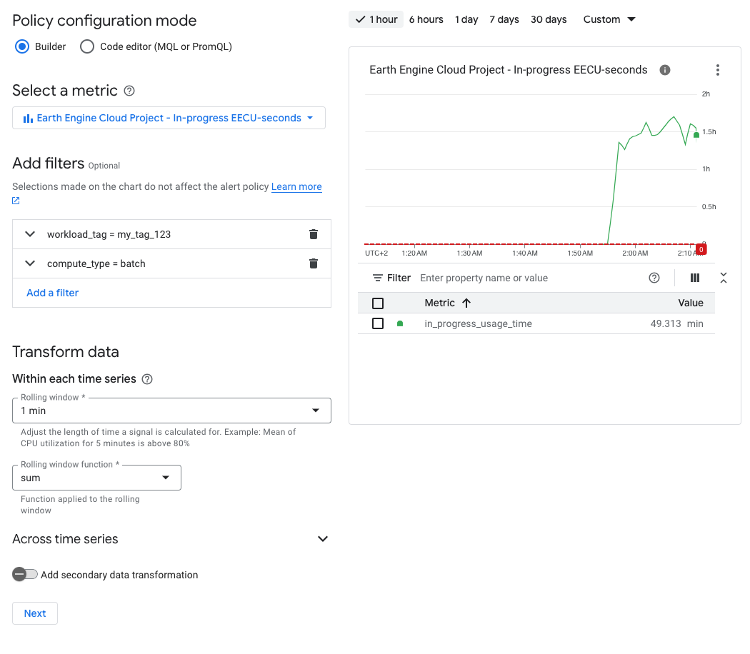 Configuration of a
metric for an alert