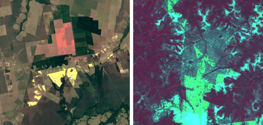 视觉马赛克（左）和分析马赛克（右）中的光谱饱和度示例，显示了明亮的斑块以及不自然的橙色、黄色和青色。