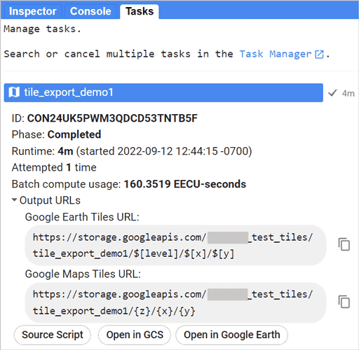 Output URLs from a tile export task