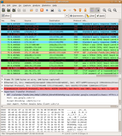 Снимок экрана Wireshark