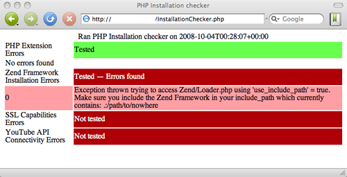 Captura de pantalla del resultado del verificador de instalación de PHP