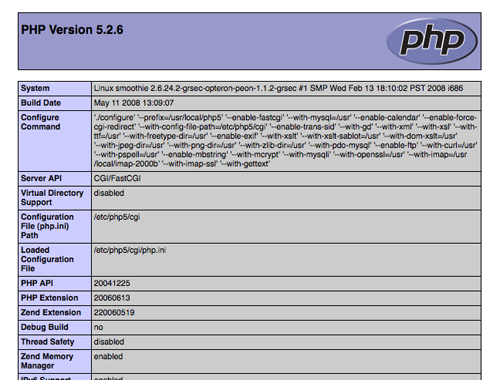 screenshot pagina informazioni php