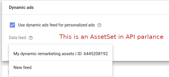 显示动态再营销数据 Feed 配置的 Google Ads 界面面板