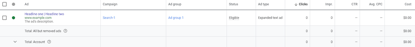 Google Ads UI Ads screen