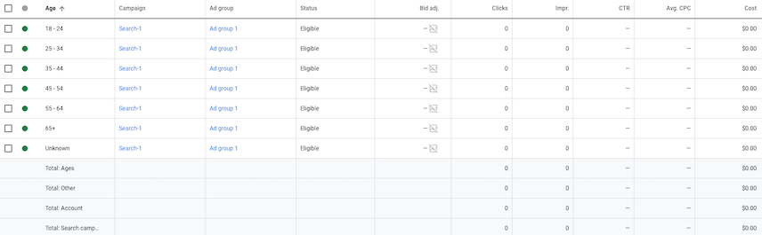 หน้าจออายุใน UI ของ Google Ads
