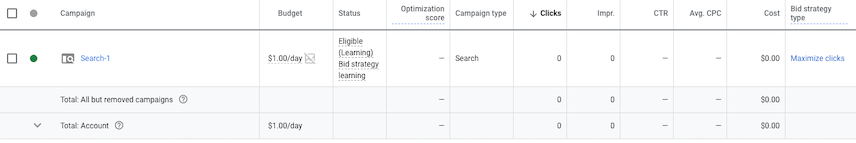 Pantalla de campañas de la IU de Google Ads