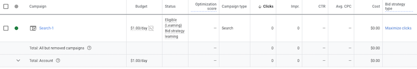 Google Ads UI Campaigns screen