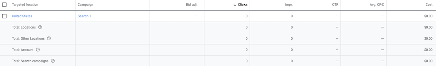 Google Ads-Benutzeroberfläche – Bildschirm „Standorte“