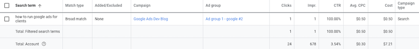 Pantalla Términos de búsqueda de la IU de Google Ads