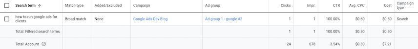 Google Ads UI 검색어 화면