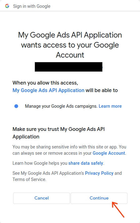 Окно запроса доступа OAuth 2.0