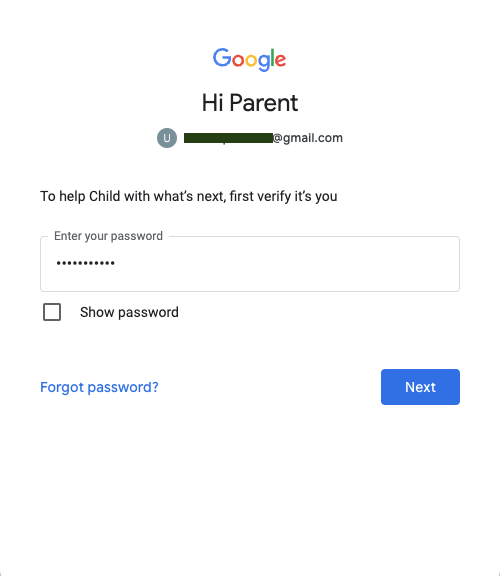 Mot de passe du compte Google parent pour approuver la page de connexion