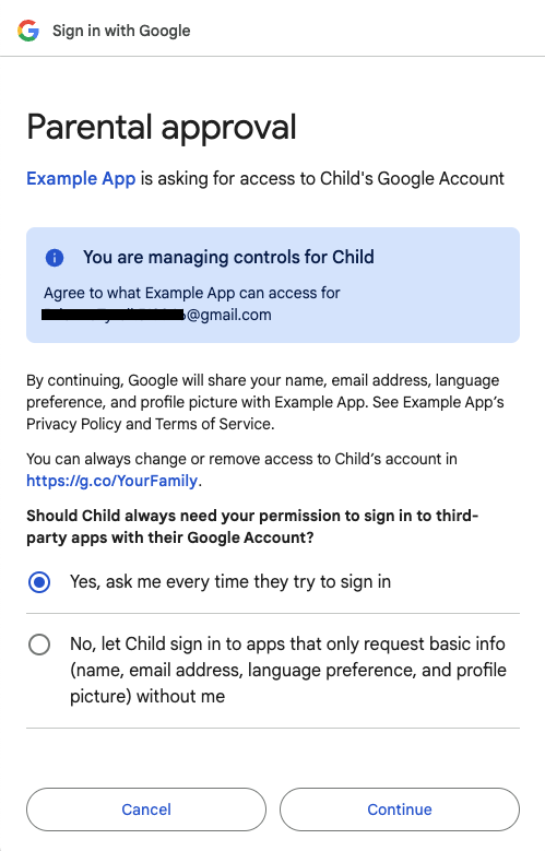 Parental approval for child to sign in page