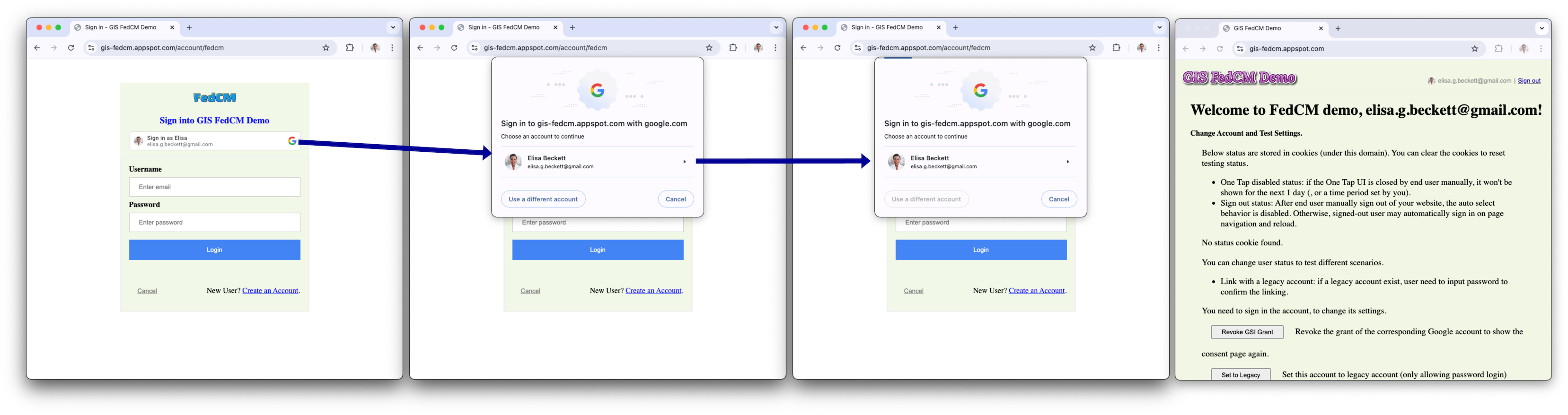Con FedCM abilitato: percorso dell'utente di ritorno con sessione Google