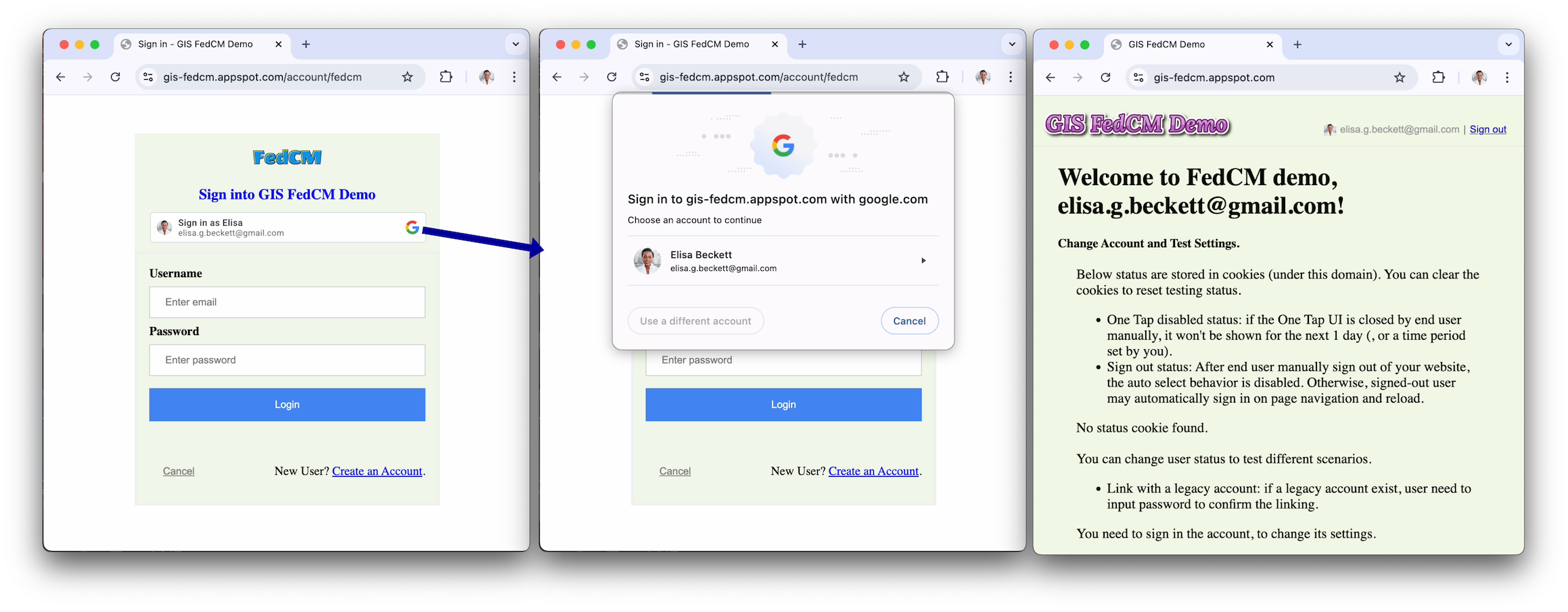 С включенным FedCM и автоматическим входом — сеанс Has-Google с автоматическим входом в систему, возвращающий путь пользователя.
