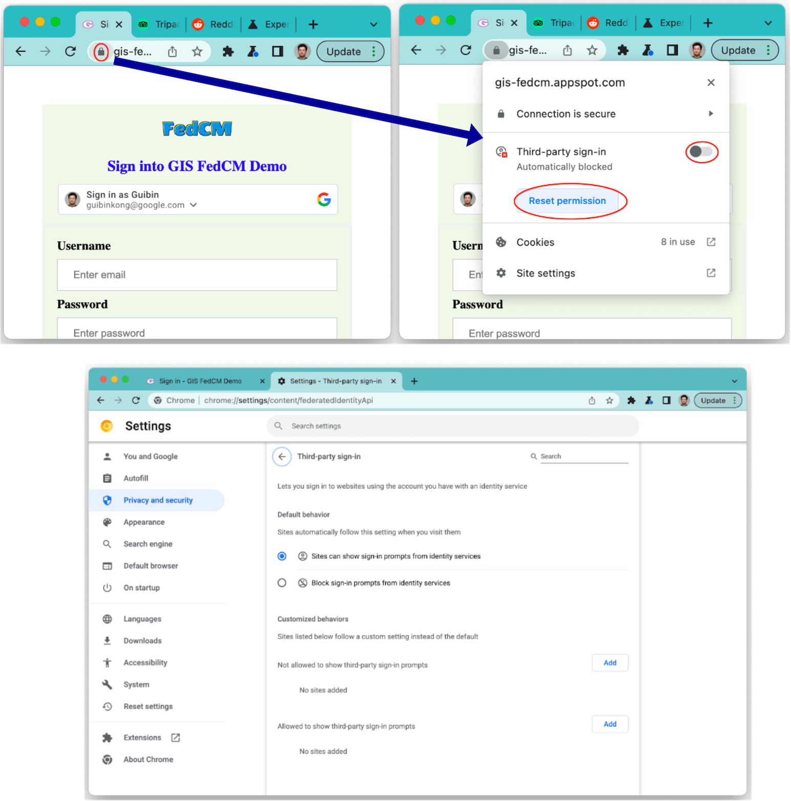 وضعیت خنکسازی و تنظیمات ورود به سیستم شخص ثالث در Chrome وجود ندارد تاثیر بر جریان دکمه FedCM.