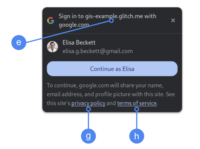 Configurações de consentimento do OAuth mostradas pelo Chrome One Tap usando a FedCM