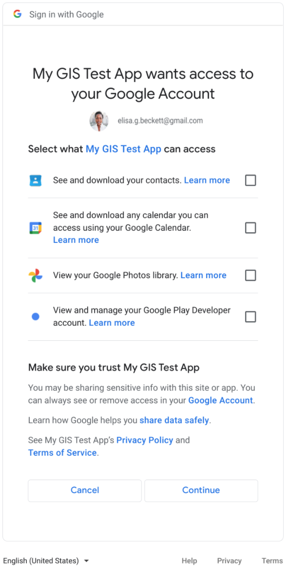 在多个范围征求用户意见 包含“取消”或“继续”按钮和多个范围的用户意见征求对话框,每个范围都有一个复选框选择器。