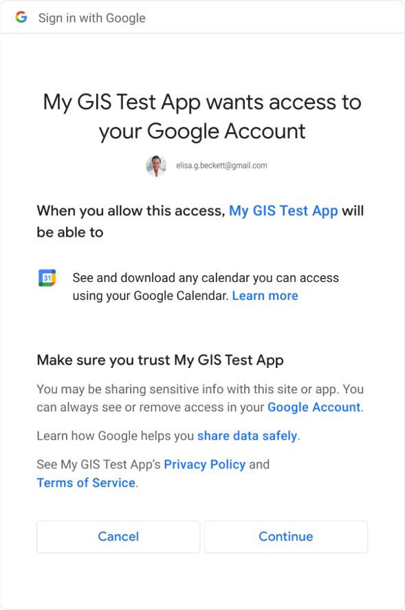একটি একক সুযোগ সঙ্গে সম্মতি User consent dialog with Cancel or Continue buttons and a single scope, no
checkboxes are shown.