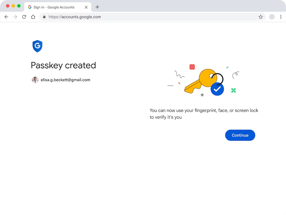 صفحة &quot;حسابات Google&quot; مع رسالة نجاح مكتوب فيها &quot;تم إنشاء مفتاح مرور&quot;