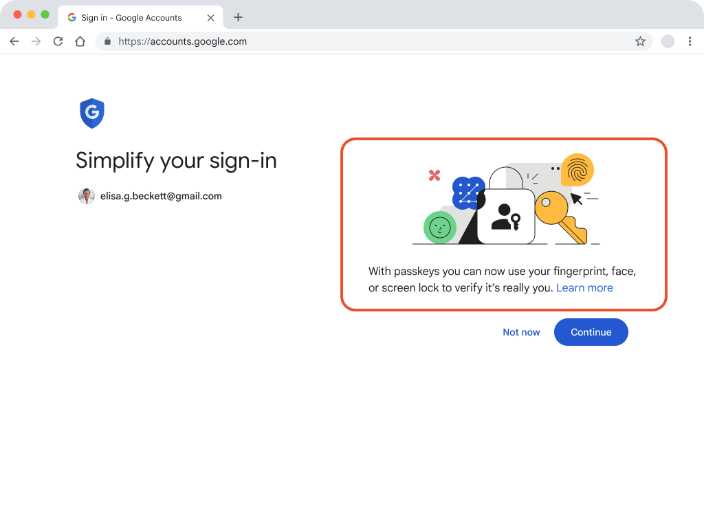Captura de pantalla de la página de Cuentas de Google con el mensaje de las llaves de acceso destacado que dice &quot;Con las llaves de acceso, ahora puedes usar tu huella dactilar, rostro o bloqueo de pantalla para verificar tu identidad&quot;. Más información&quot;