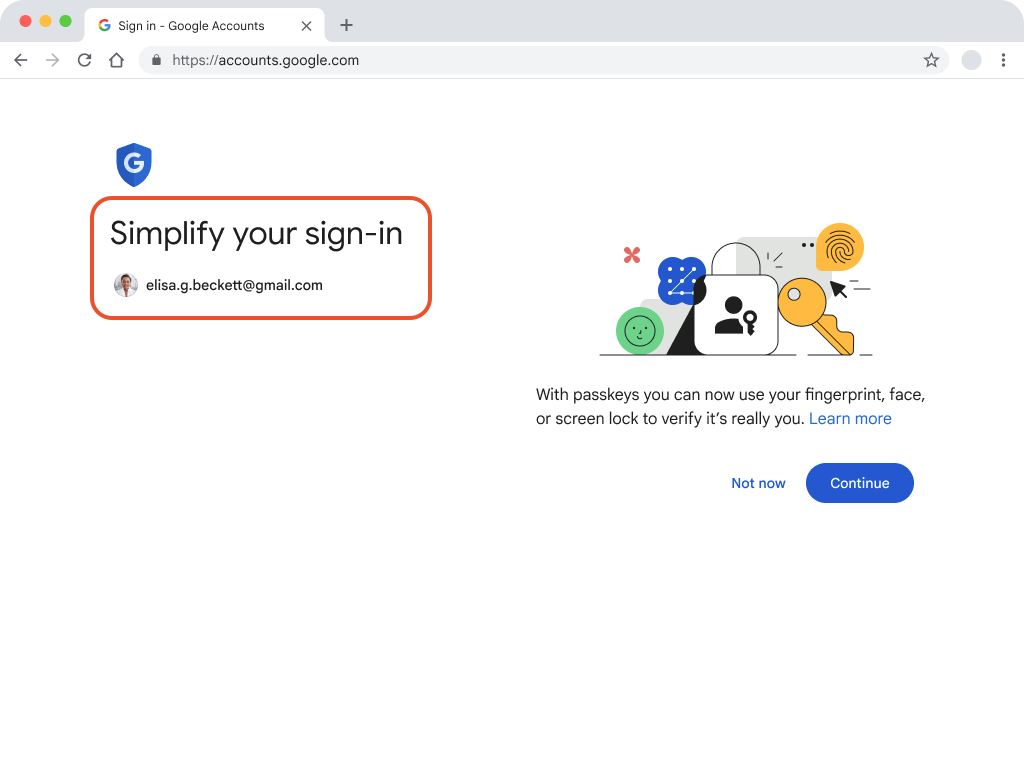 Capture d&#39;écran d&#39;une page des comptes Google, avec les mots &quot;Simplifiez votre connexion&quot; en surbrillance.