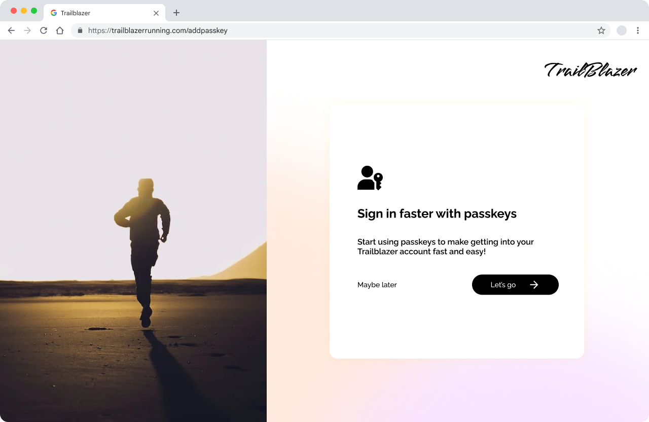 Landingpage von TrailBlazer mit der Karte „Mit Passkeys schneller anmelden“