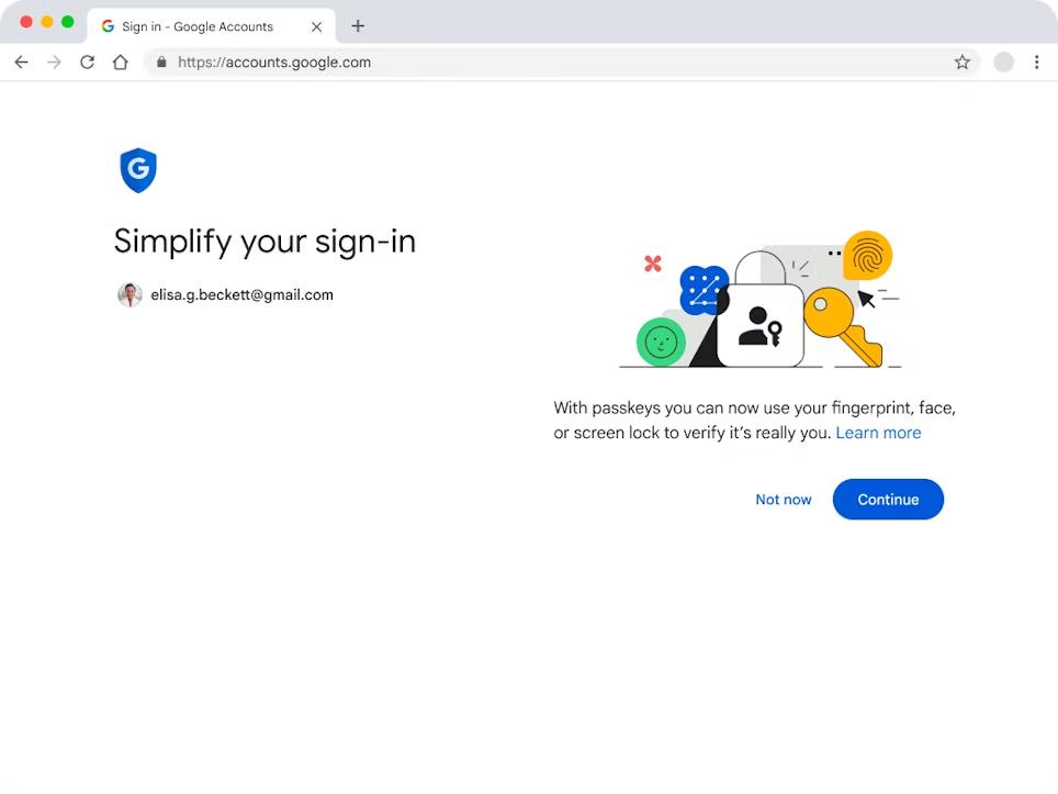 Captura de pantalla de la página Cuentas de Google con el mensaje de aceptación para las llaves de acceso.