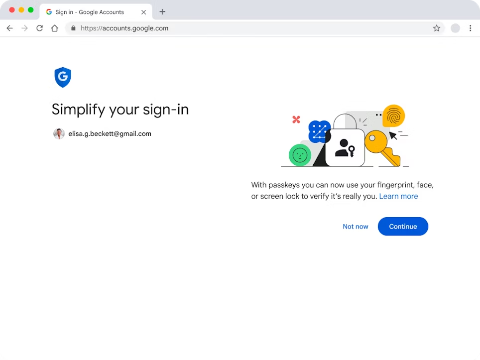 Screenshot of Google Accounts page with opt-in messaging for passkeys.