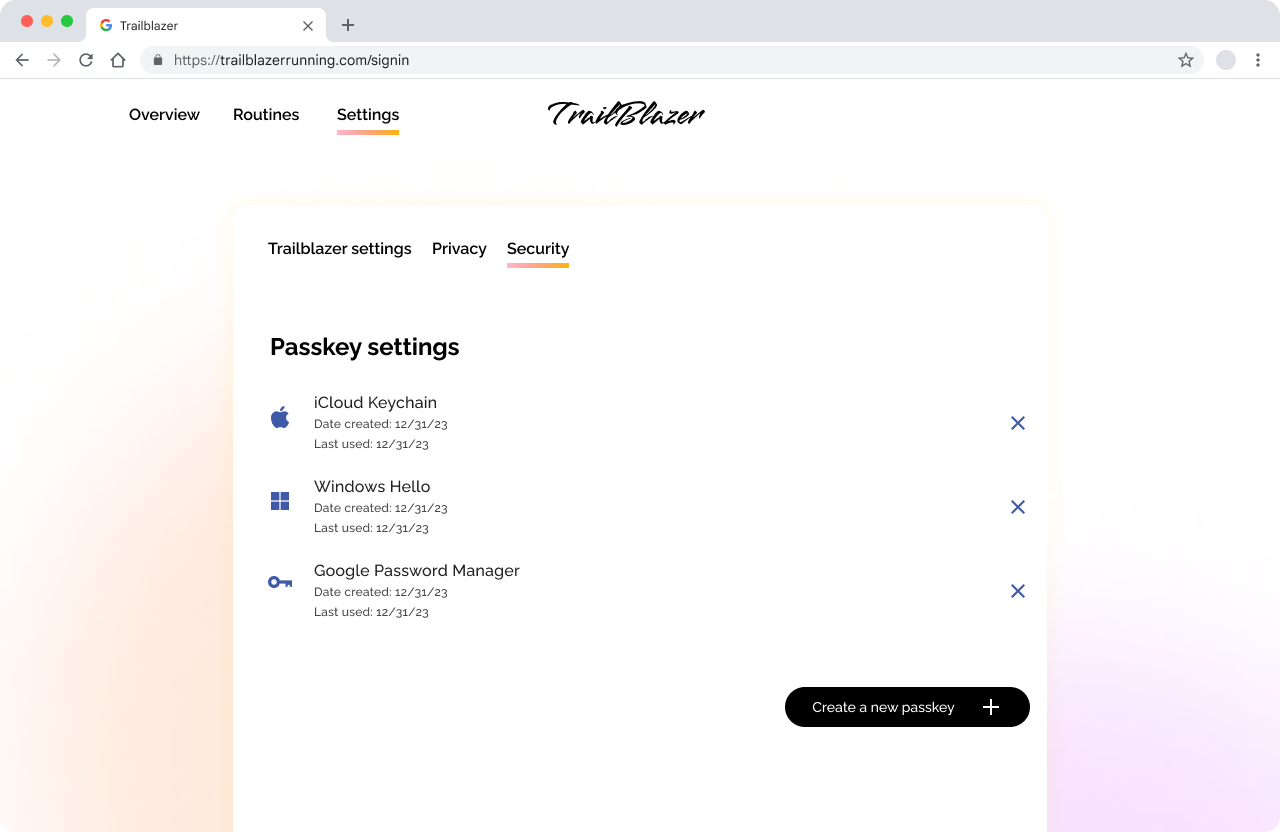 Trailblazer 安全设置页面中通行密钥设置的屏幕截图。