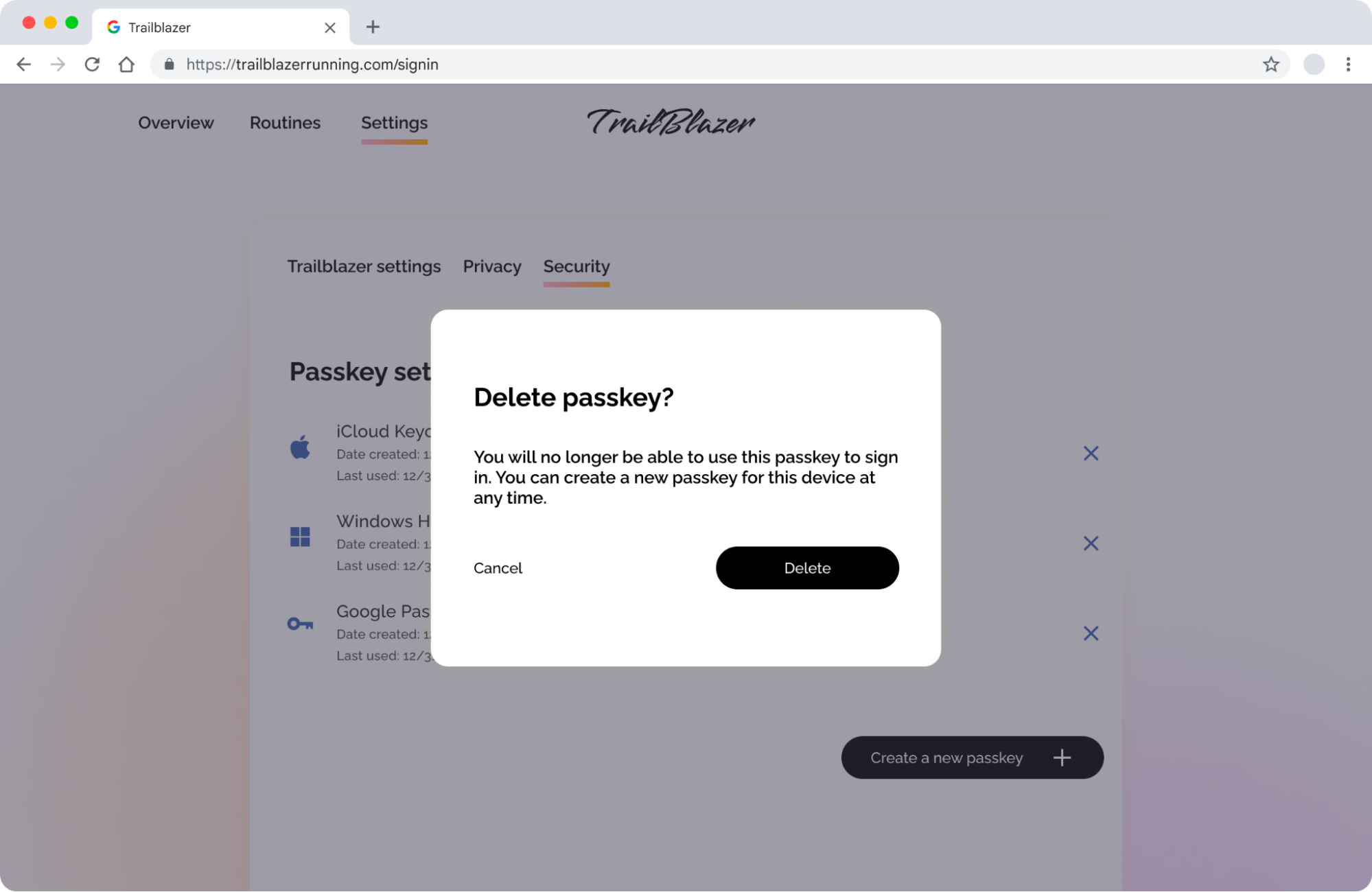 Screenshot di un prompt popup per l&#39;eliminazione di una passkey.