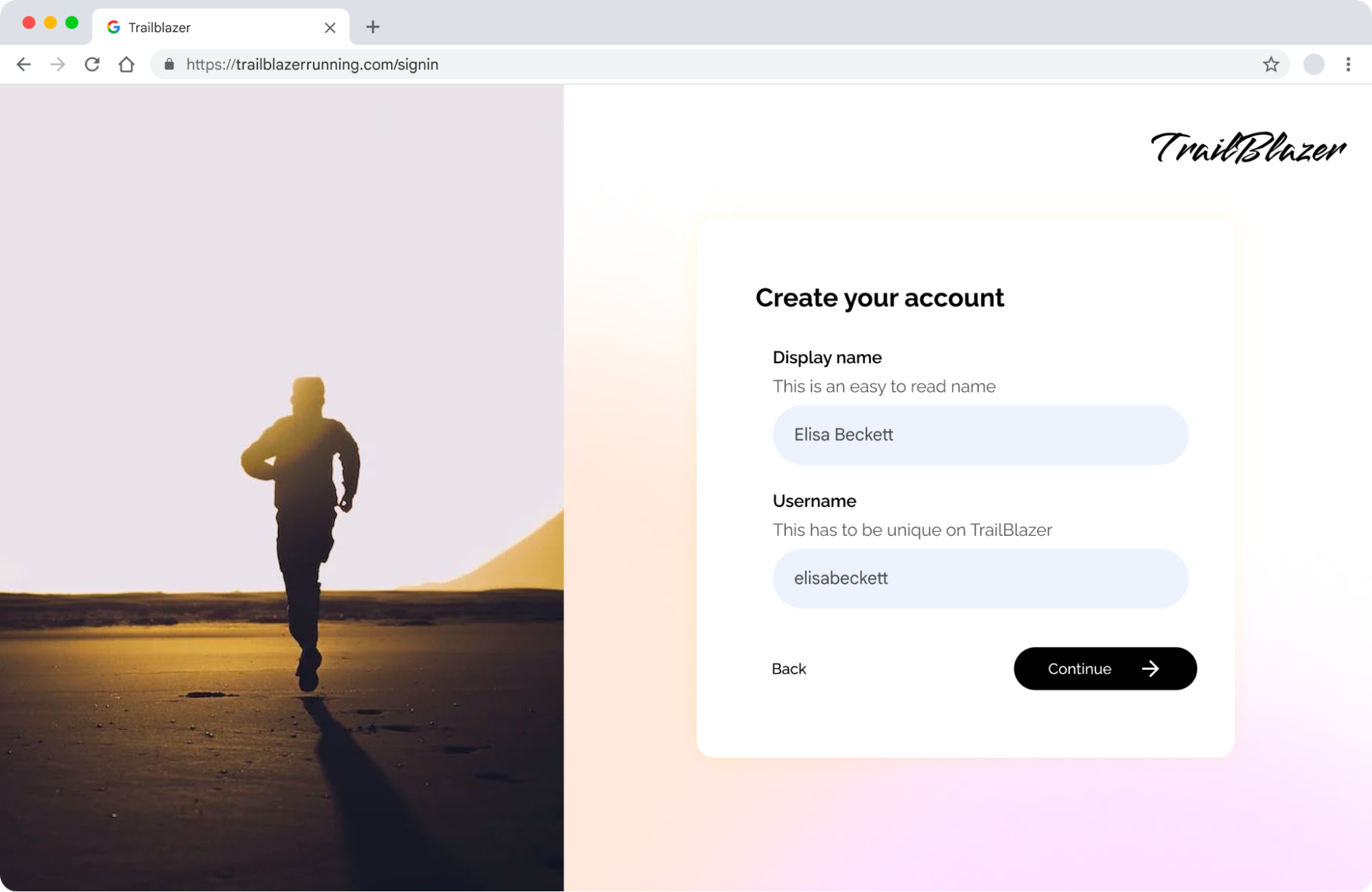 Captura de pantalla de una página de Trailblazer para crear una cuenta.