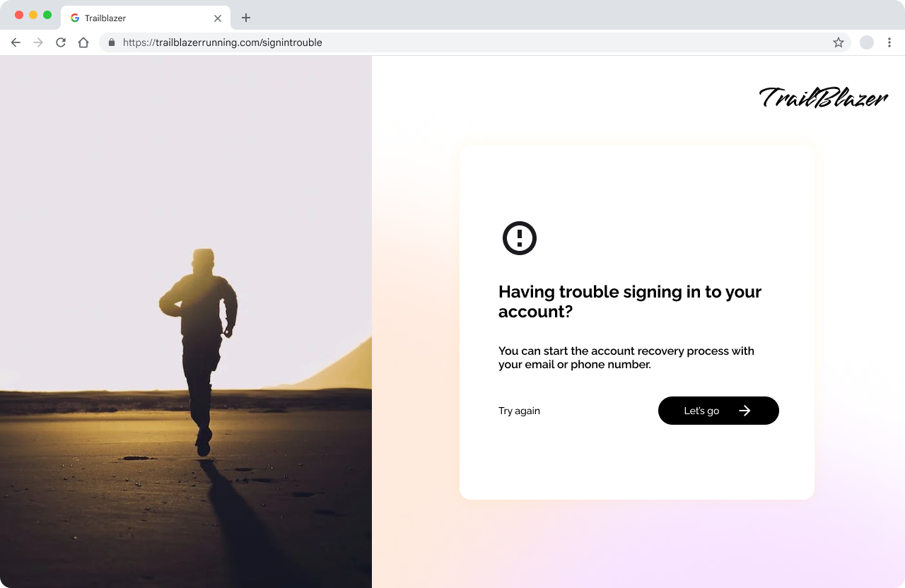 Captura de pantalla de una página de Trailblazer con un mensaje para iniciar el proceso de recuperación de la cuenta.