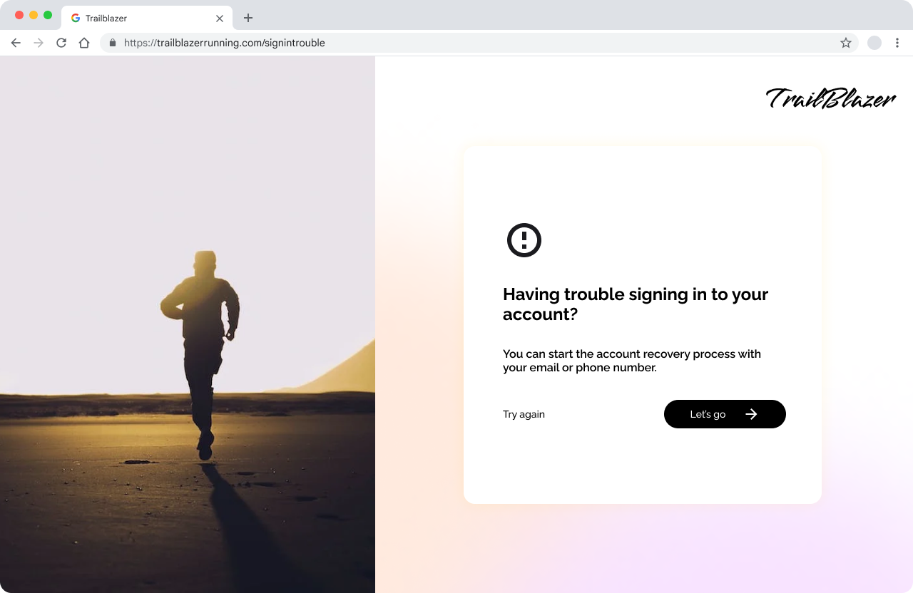 اسکرین شات از صفحه Trailblazer با درخواستی برای شروع فرآیند بازیابی حساب.