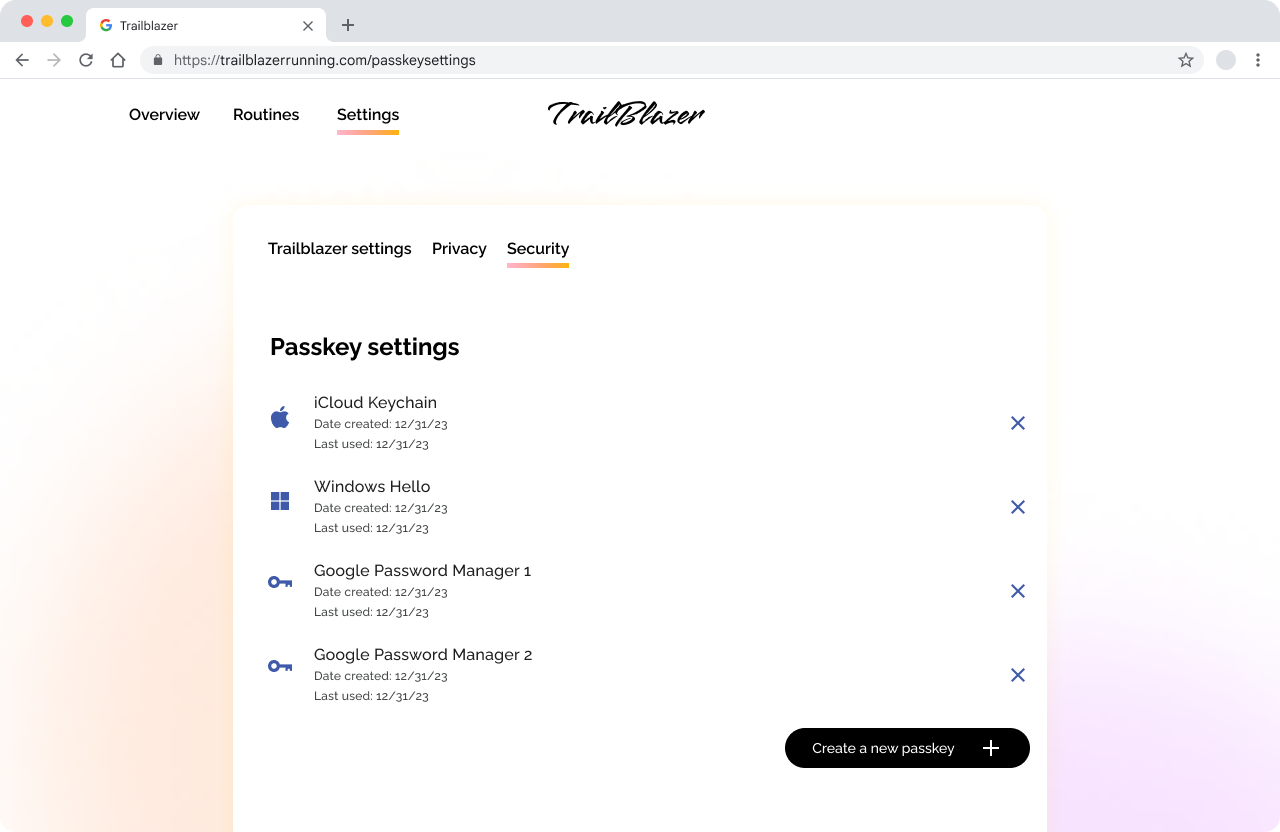 Captura de pantalla de la página de configuración de seguridad de Trailblazer con la configuración de llaves de acceso que muestra tres llaves de acceso y sus fuentes. Los últimos dos se etiquetan como &quot;Administrador de contraseñas de Google 1&quot; y &quot;Administrador de contraseñas de Google 2&quot;.