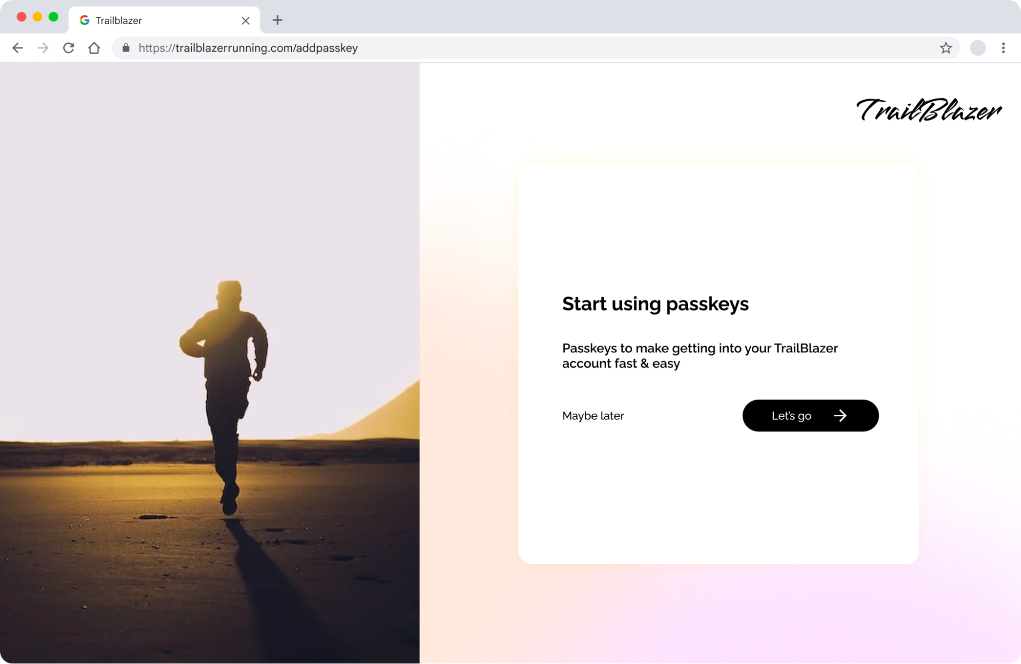 Captura de pantalla de una página de Trailblazer después de acceder. Aparece un mensaje que dice &quot;Comienza a usar llaves de acceso&quot;.