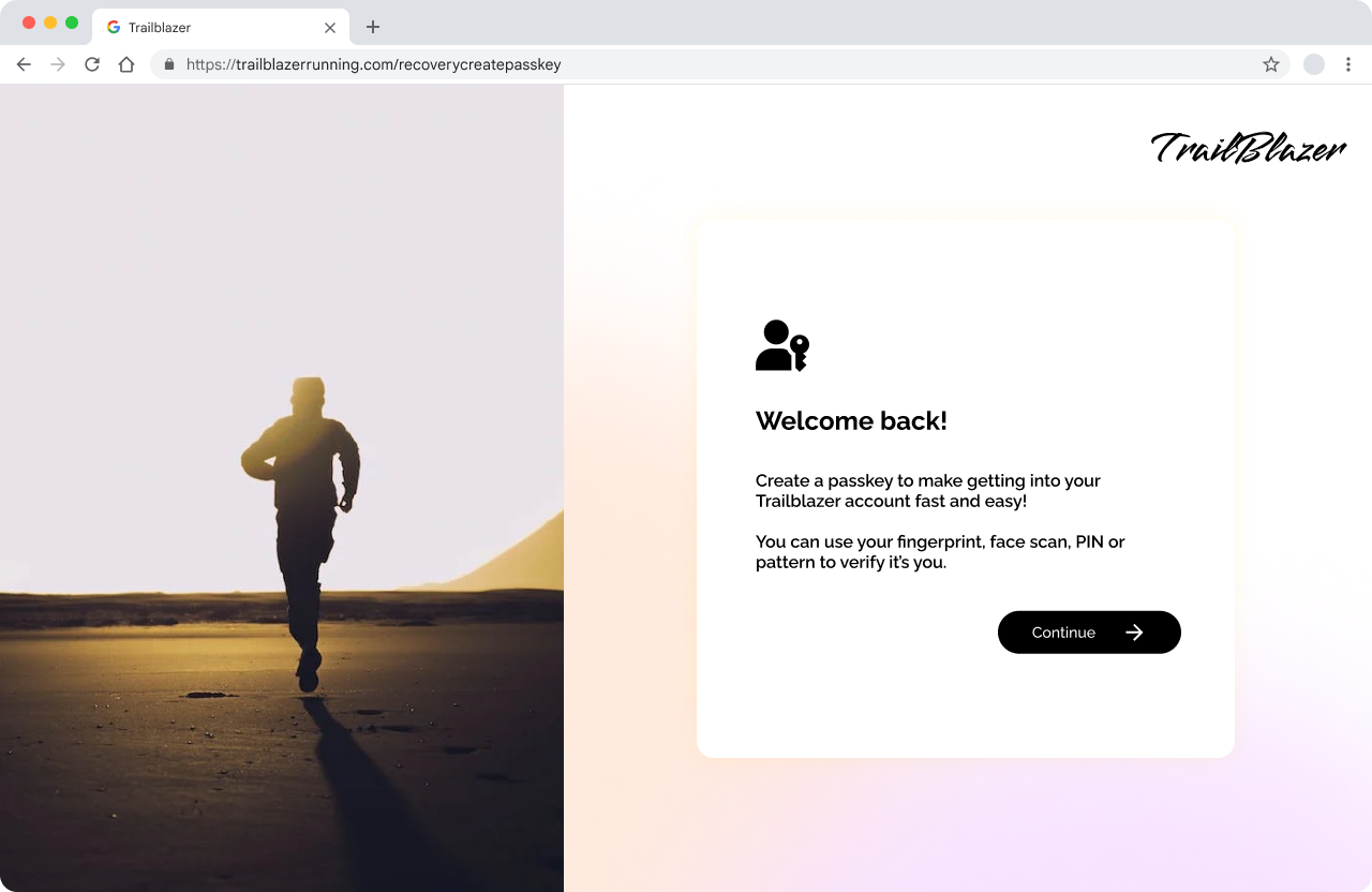 Captura de pantalla de una página de Trailblazer con un mensaje de &quot;Bienvenido&quot; y la información sobre las llaves de acceso.