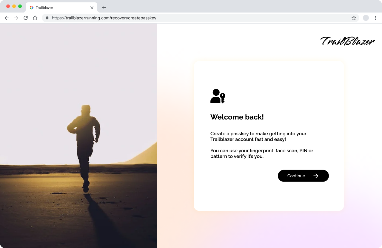 Screenshot of a Trailblazer page with a 'welcome back' prompt and information about passkeys.