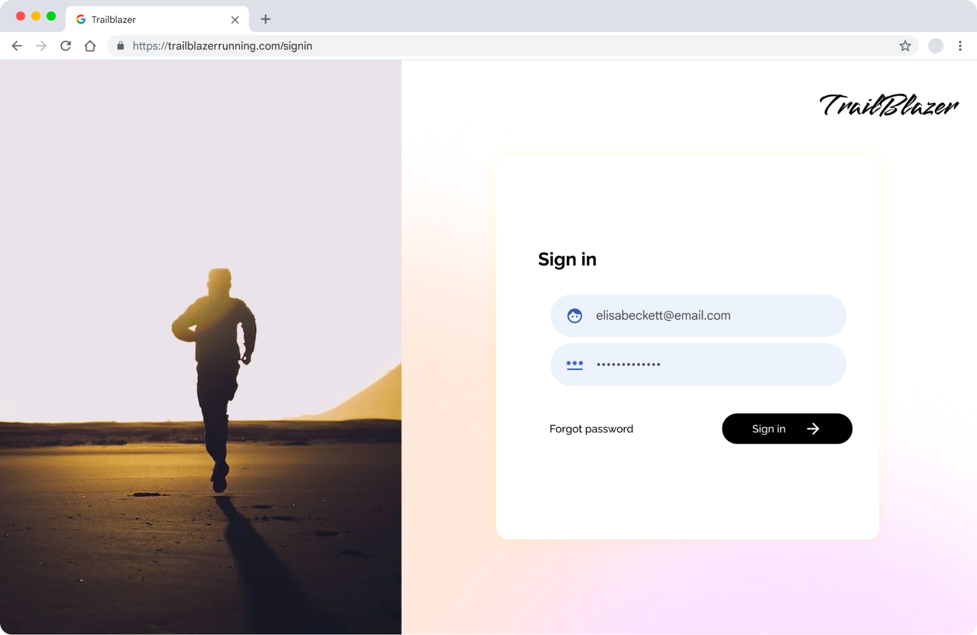 Captura de pantalla de la página de acceso de Trailblazer con los campos de entrada de correo electrónico y contraseña completados.
