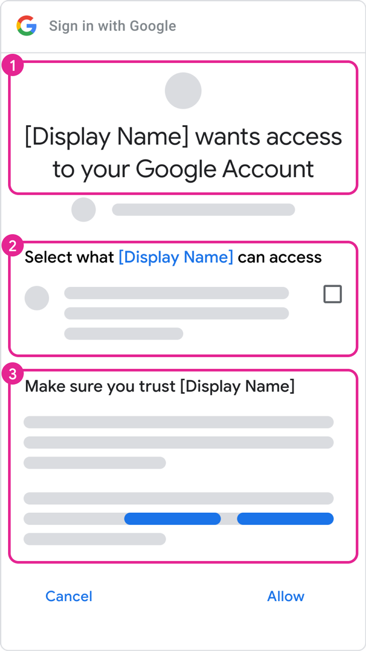 Des libellés numérotés illustrent différentes fonctionnalités d&#39;un écran de consentement OAuth d&#39;un projet dont les informations sur la marque ont été approuvées.