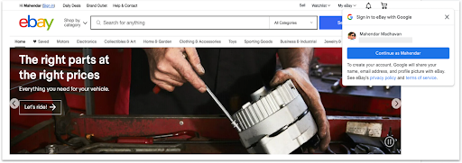 Google Identity Service 원탭을 사용하는 eBay 웹페이지 스크린샷