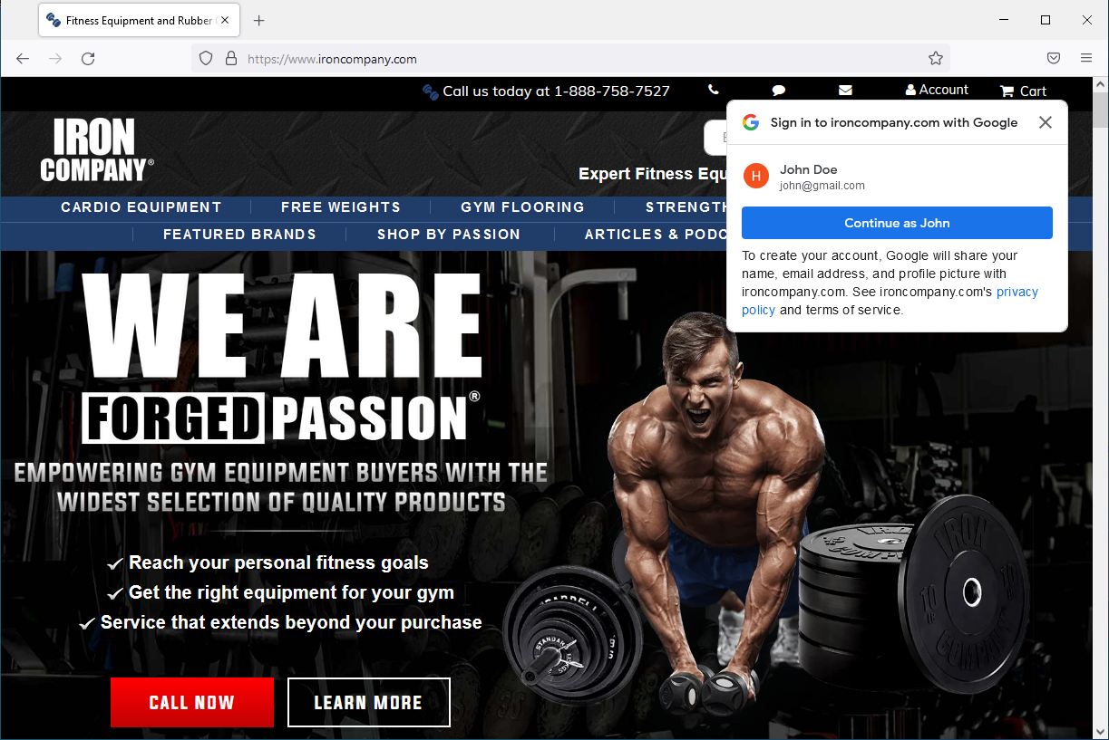 Capture d&#39;écran de la page Web de l&#39;entreprise Iron Company utilisant One Tap du service Google Identity.